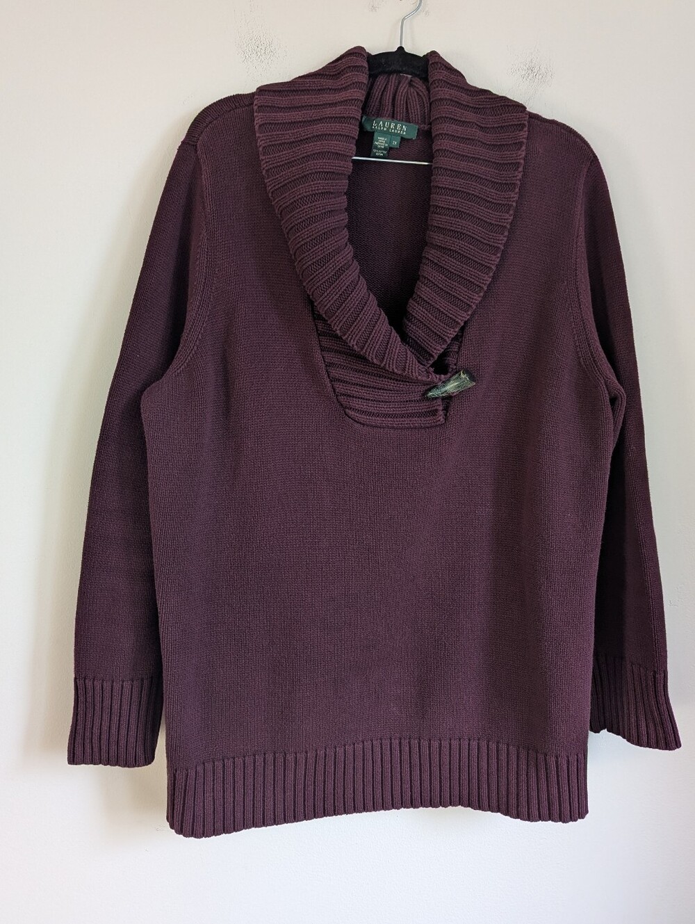 Ralph Lauren shawl collar purple knit cotton sweater with horn toggle clasp 2X